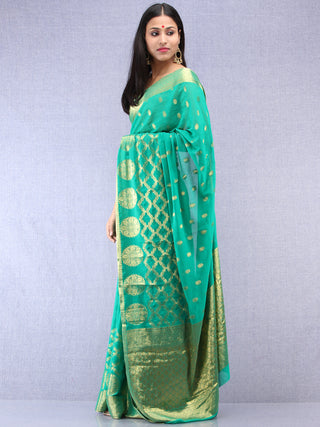 Banarasee Chiffon Saree With Golden Zari Weave - Sea Green & Gold - S031704403