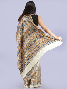 Ivory Indigo Mustard Ajrakh Hand Block Printed Modal Silk Saree - S031704232
