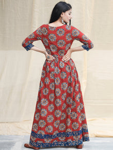 Indigo Red - Hand Block Printed Cotton Long Dress With Pockets  - D339F1825