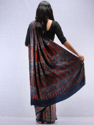 Red Beige Indigo Ajrakh Hand Block Printed Modal Silk Saree - S031704446