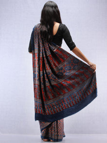 Red Beige Indigo Ajrakh Hand Block Printed Modal Silk Saree - S031704446