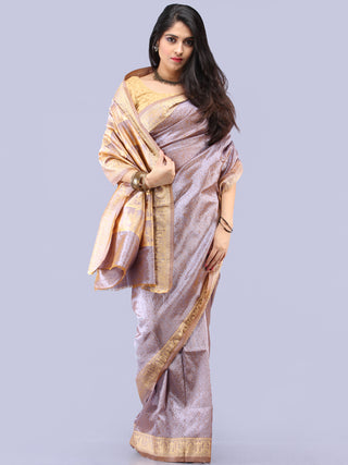 Banarasee Semi Silk Self Weave Saree With Resham Border - Dual Tone Silver & Steel Blue - S031704291