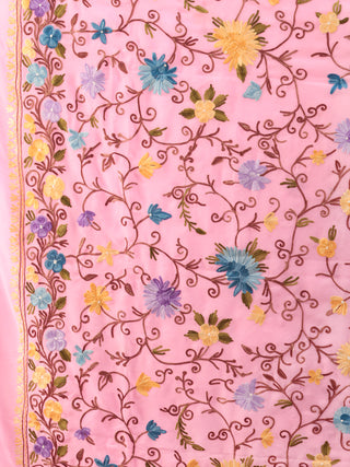 Baby Pink Aari Embroidered Georgette Saree From Kashmir - S031704626