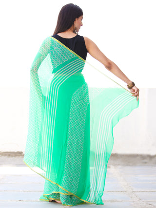 Greeen White Hand Block Printed Chiffon Saree with Zari Border - S031703914
