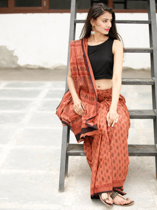 Blush Maroon Black Bagh Hand Block Printed Cotton Saree - S031703820