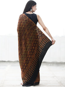 Yellow Green Black Maroon Ajrakh Hand Block Printed Modal Silk Saree in Natural Colors - S031703697