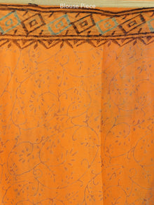 Orange Green Hand Block Printed Chiffon Saree with Zari Border - S031703957