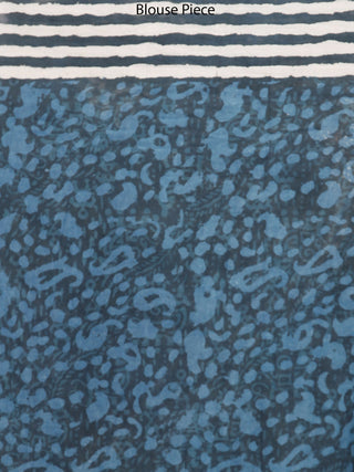 Indigo White Grey Hand Block Printed Cotton Mul Saree - S031703483