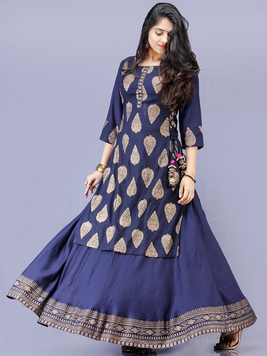 Aalia - Indigo Gold Block Print Kurta & Skirt Dress With Tassels - D380F2001