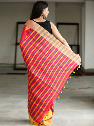 Red Yellow Purple Handwoven Linen Jamdani Saree With Tassels - S031703775