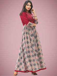 Fiza - Maroon Beige Hand Block Bagh Printed Urave Cut Long Dress - D397F2088