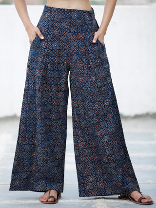 Indigo Red Black Ajrakh Hand Block Printed Semi Elasticated Waist Pleated Cotton Palazzo - P11F1591