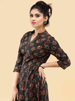 Nazia- Hand Block Printed Long Cotton Dress With Embroidered Yoke - D385F1820