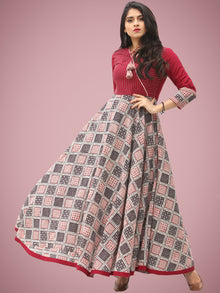 Fiza - Maroon Beige Hand Block Bagh Printed Urave Cut Long Dress - D397F2088
