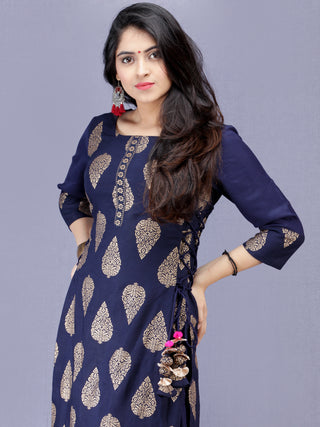 Aalia - Indigo Gold Block Print Kurta & Skirt Dress With Tassels - D380F2001