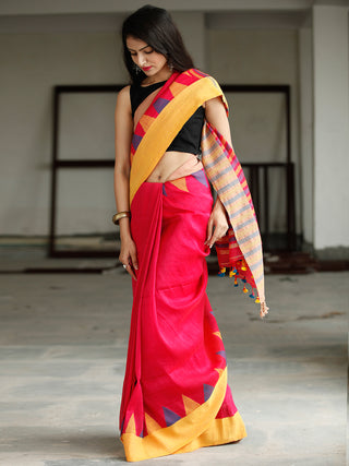 Red Yellow Purple Handwoven Linen Jamdani Saree With Tassels - S031703775
