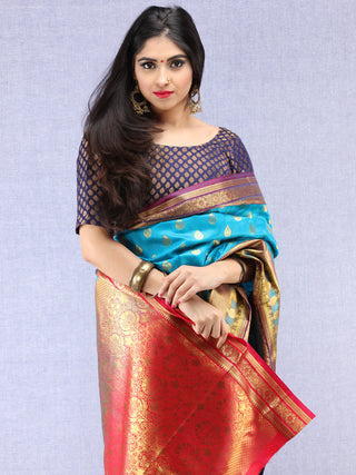 Banarasee Art Silk Saree With Resham Zari Weave - Sky blue Red & Gold - S031704380