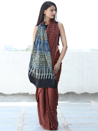 Maroon Rust Indigo Black Bandhej Modal Silk Saree With Ajrakh Printed Pallu & Blouse - S031703874