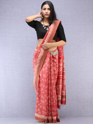 Pink Ivory Hand Block Printed Chanderi Saree With Geecha Border - S031704507