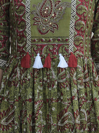 Naaz Ada - Hand Block Printed Long Cotton Dress With Gathers & Tassels - DS80F001