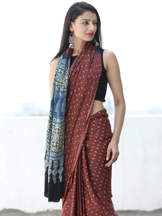 Maroon Rust Indigo Black Bandhej Modal Silk Saree With Ajrakh Printed Pallu & Blouse - S031703874