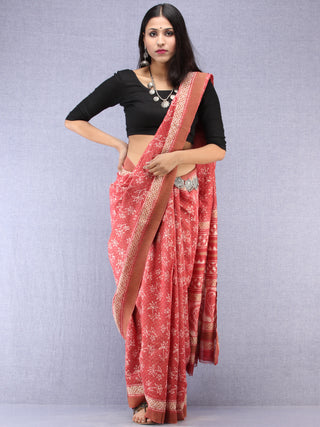 Pink Ivory Hand Block Printed Chanderi Saree With Geecha Border - S031704507