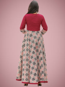 Fiza - Maroon Beige Hand Block Bagh Printed Urave Cut Long Dress - D397F2088