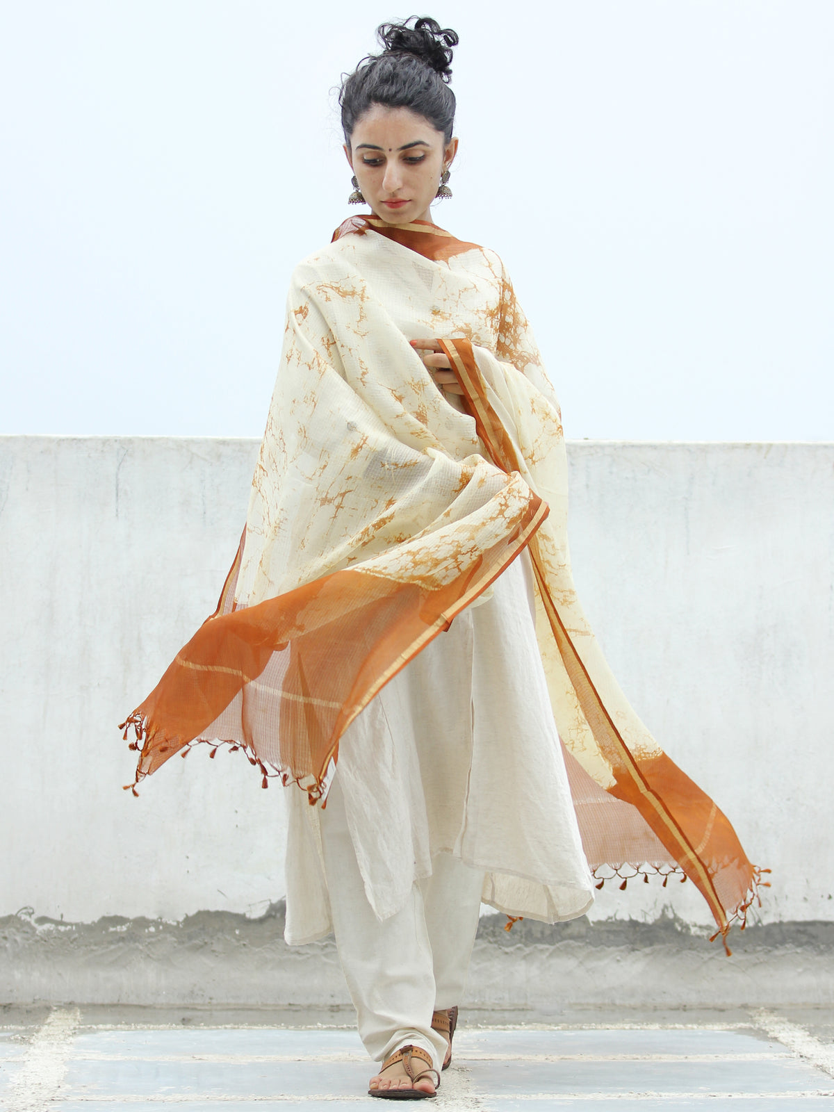 Ivory Deep Mustard Kota Silk Hand Block Painted Dupatta - D04170341