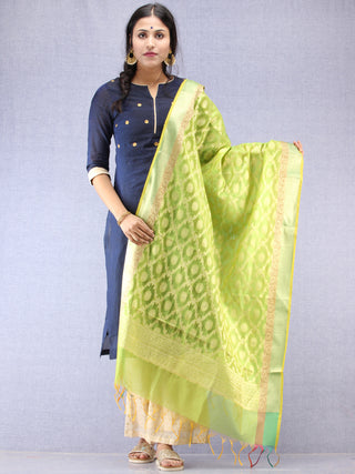 Banarasi Chanderi Dupatta With Zari Work - Light Green & Gold - D04170838