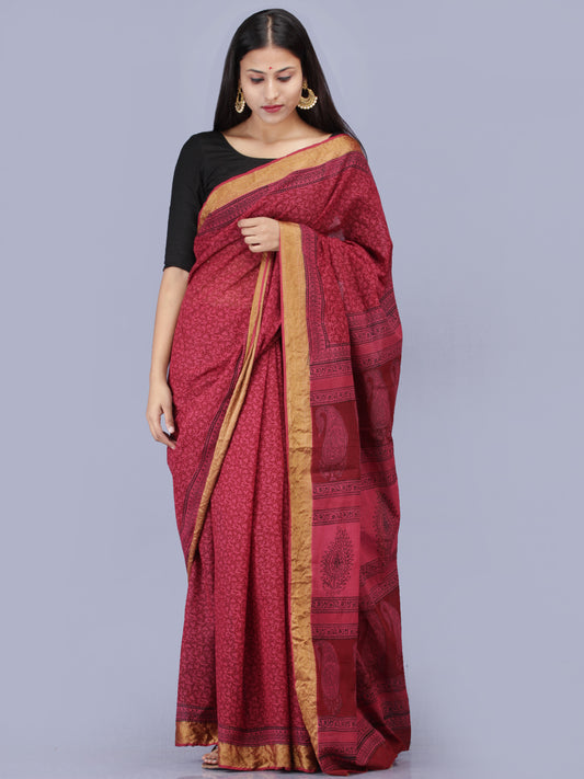 Magenta Pink Red Black Bagh Printed Maheshwari Cotton Saree - S031704214