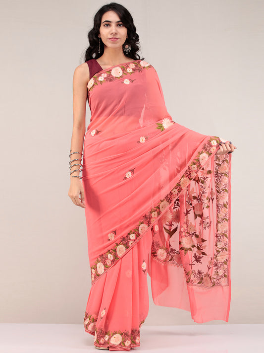 Peach Pink Aari Embroidered Georgette Saree From Kashmir - S031704670