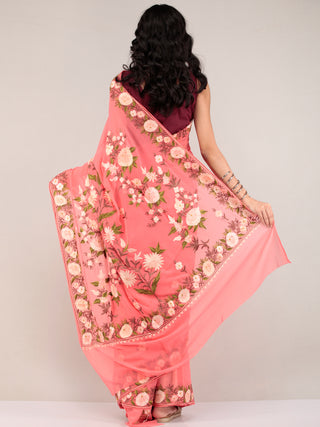 Peach Pink Aari Embroidered Georgette Saree From Kashmir - S031704670