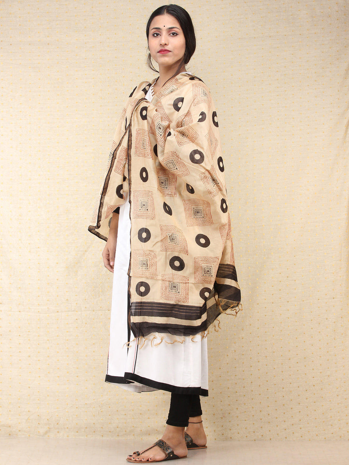 Beige Black Red Chanderi Hand Block Printed Dupatta - D04170734