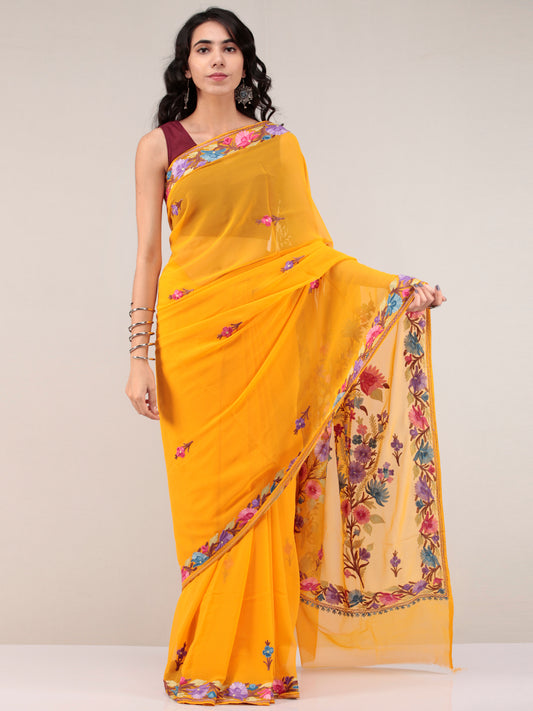 Mustard Yellow Aari Embroidered Georgette Saree From Kashmir - S031704671