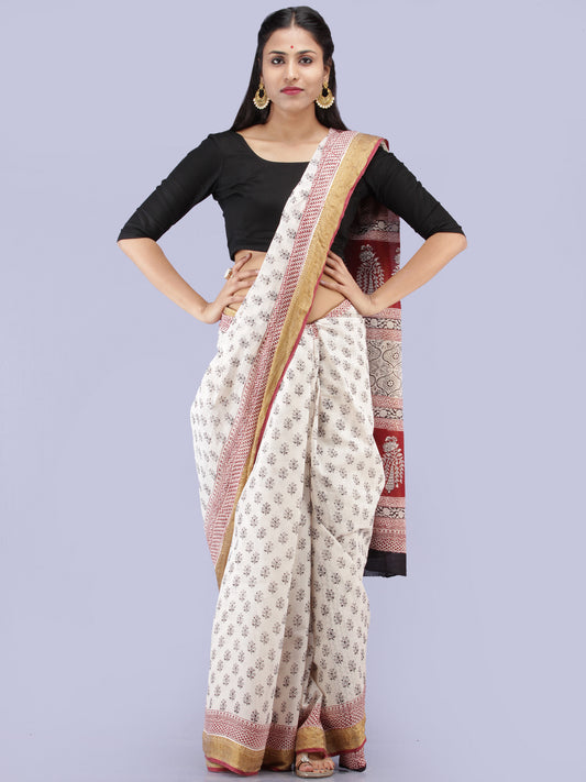 White Red Black Bagh Printed Maheshwari Cotton Saree - S031704280