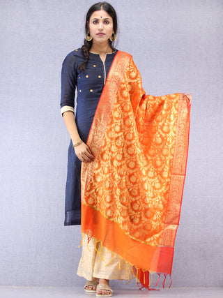 Banarasi Chanderi Dupatta With Resham Work - Orange & Gold - D04170839