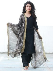 Black White Chanderi Hand Block Printed Dupatta  with Geecha Border- D04170498