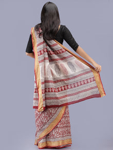 White Red Black Bagh Printed Maheshwari Cotton Saree - S031704216