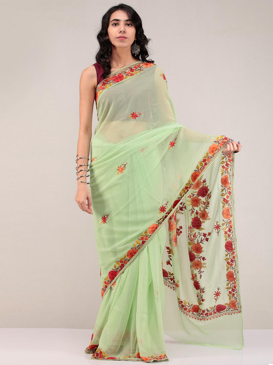 Green Aari Embroidered Georgette Saree From Kashmir - S031704672