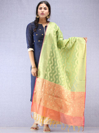 Banarasi Chanderi Dupatta With Zari Work - Light Green Pink & Gold - D04170840