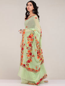 Green Aari Embroidered Georgette Saree From Kashmir - S031704672