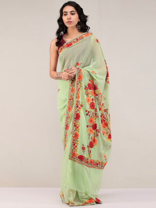 Green Aari Embroidered Georgette Saree From Kashmir - S031704672