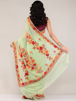 Green Aari Embroidered Georgette Saree From Kashmir - S031704672