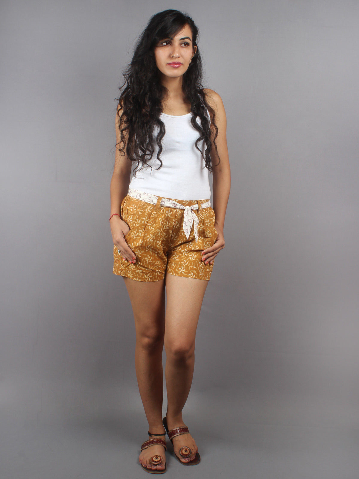 Mustard Hand Block Printed Shorts With Belt -S5296005