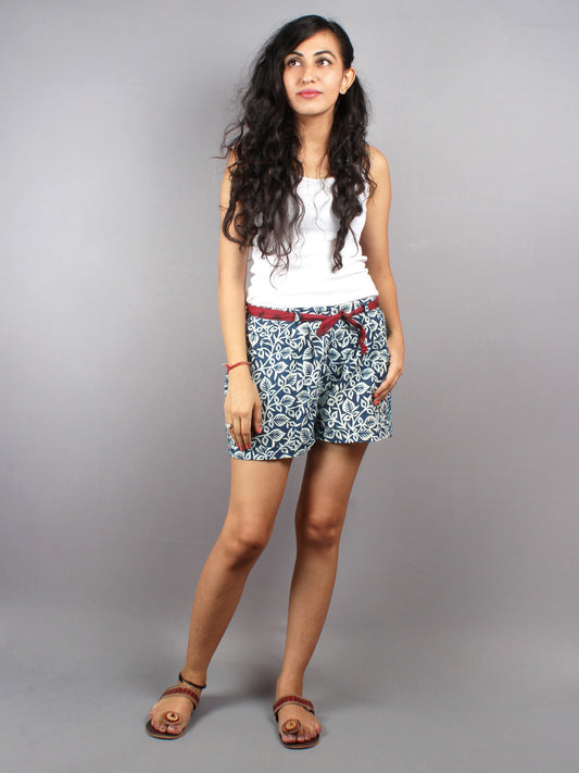 Blue Hand Block Printed Shorts With Belt -S5296009