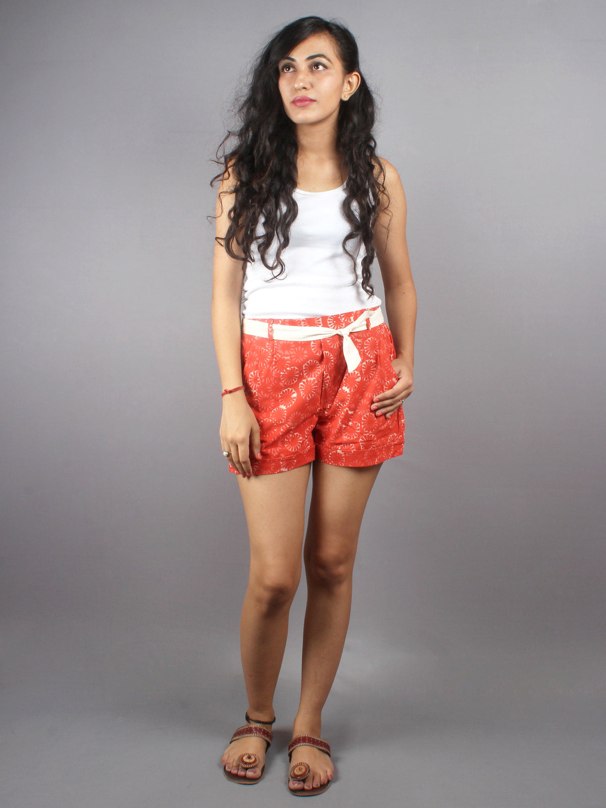 Red Hand Block Printed Shorts With Belt -S5296011