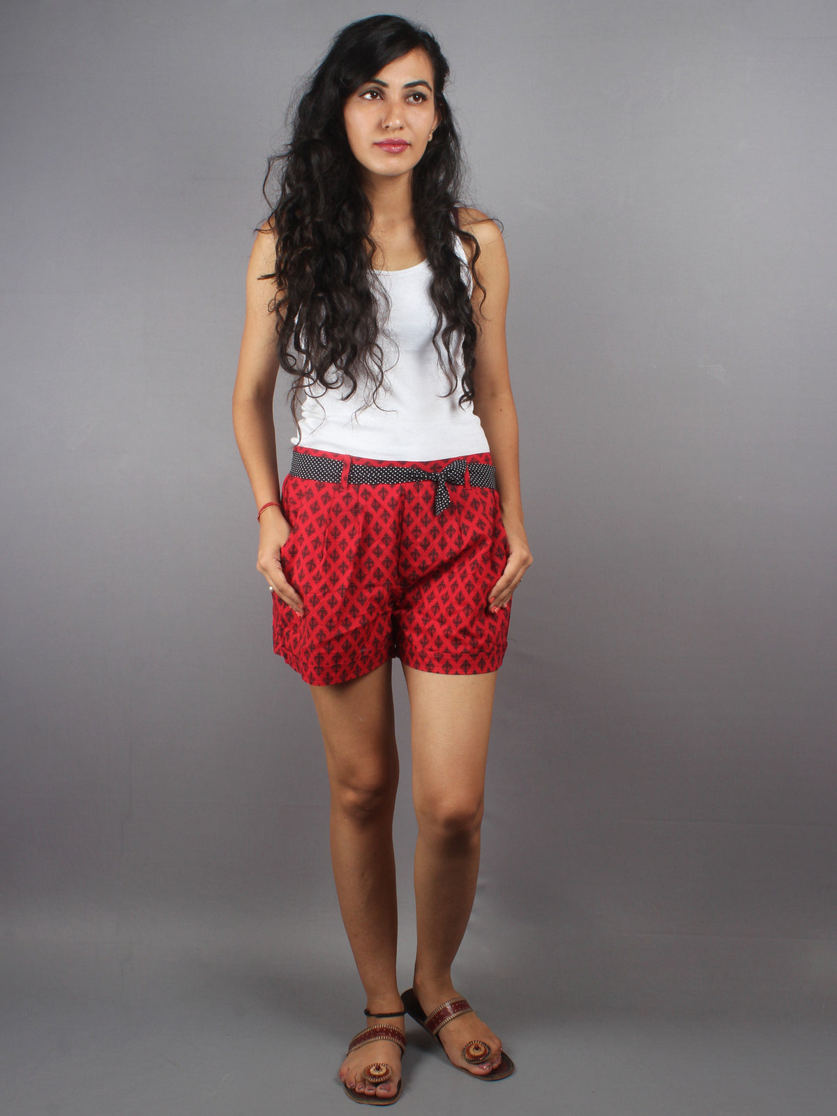 Red Hand Block Printed Shorts With Belt -S5296013
