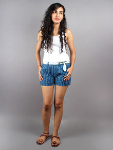 Blue Hand Block Printed Shorts With Belt -S5296015