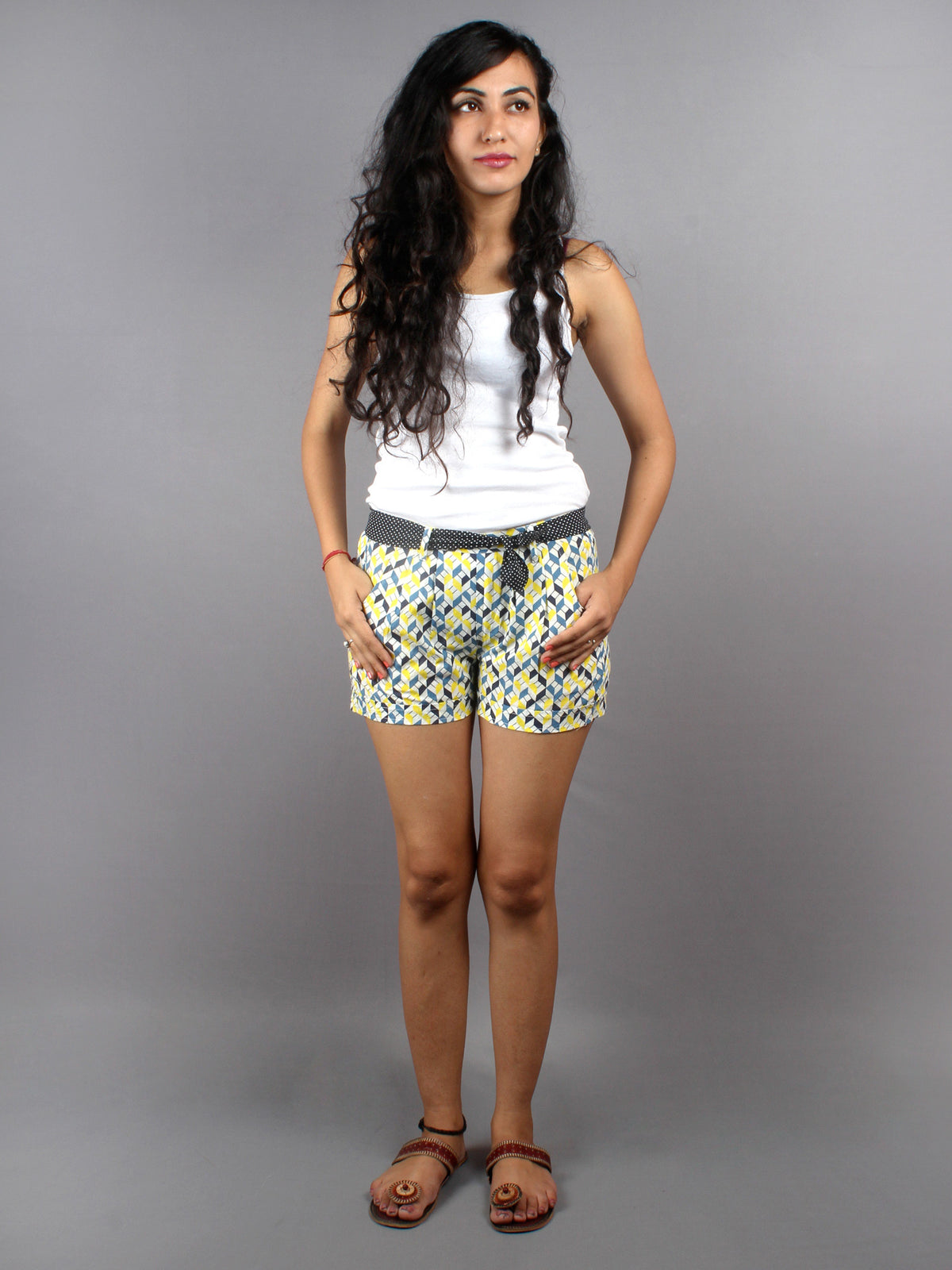 Multi color Hand Block Printed Shorts With Belt -S5296016