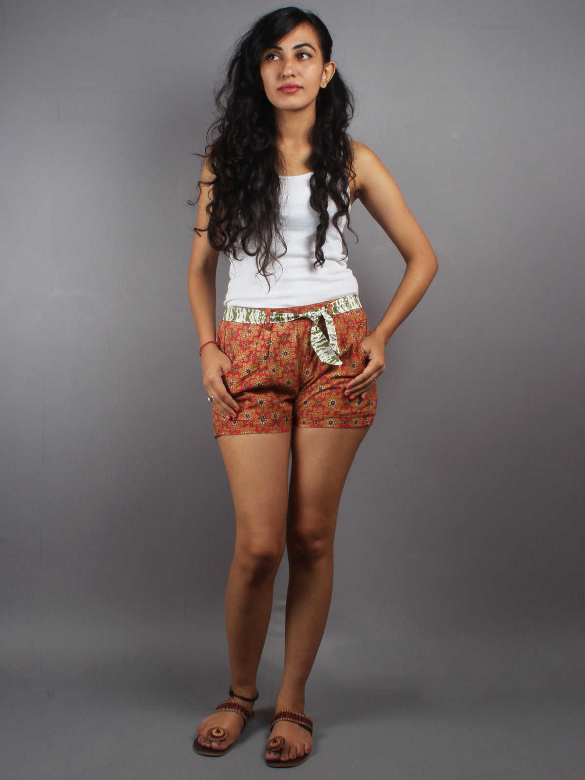 Red Hand Block Printed Shorts With Belt -S5296026